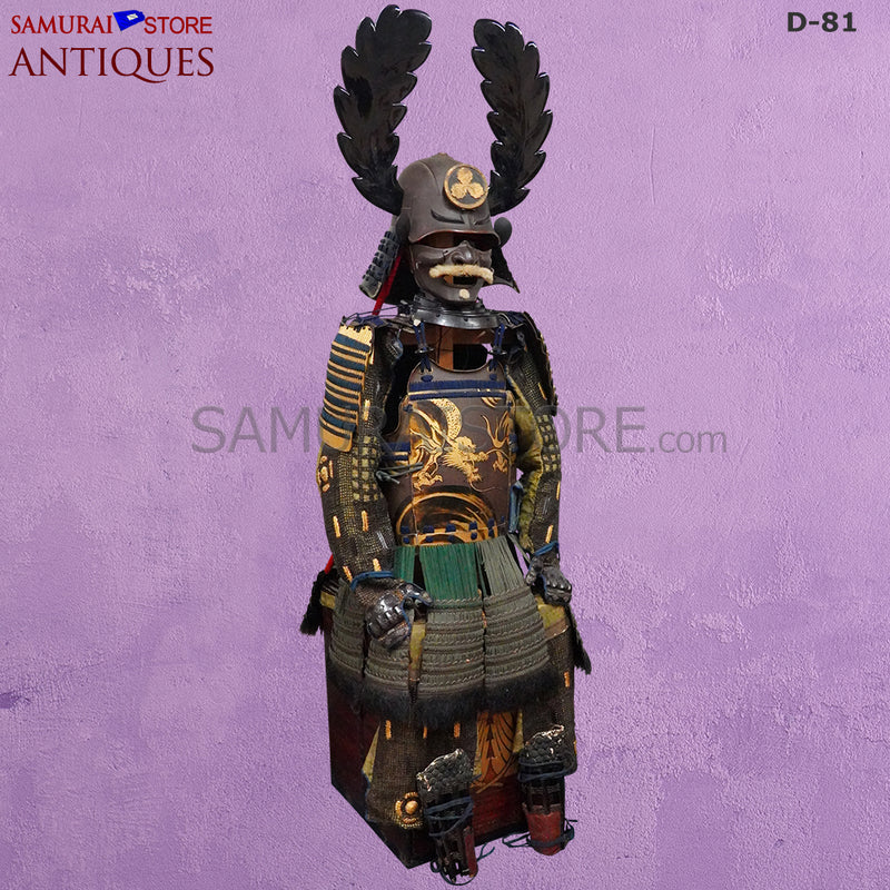 D81 Antique Samurai Armor Dragon Makie & Great horns w/ Certificate