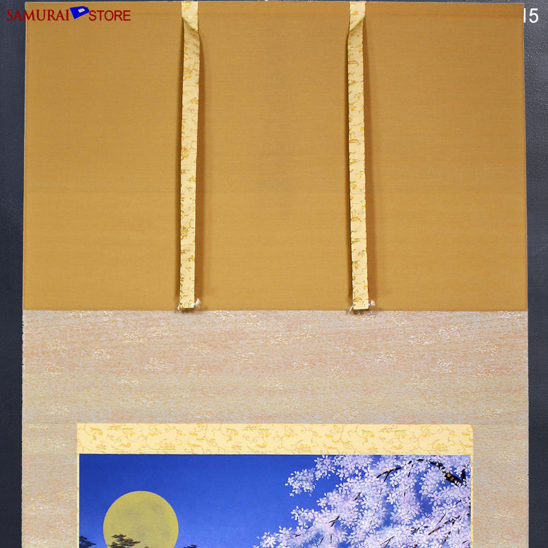 Hanging Scroll Painting SAKURA Cherries at Moony Evening  - Kakejiku F015 - SAMURAI STORE